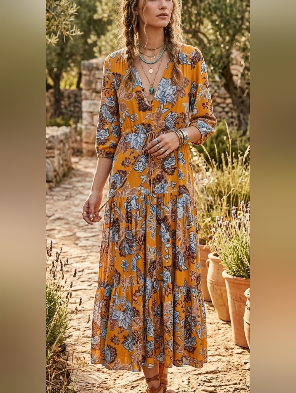 Elegant Floral Long Sleeve Dress in Orange and Blue